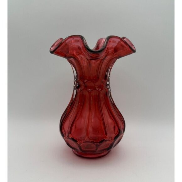 Vintage Fenton Country Cranberry Dot And Flute Ruffled Edge Vase 5in Tall - Picture 4 of 7